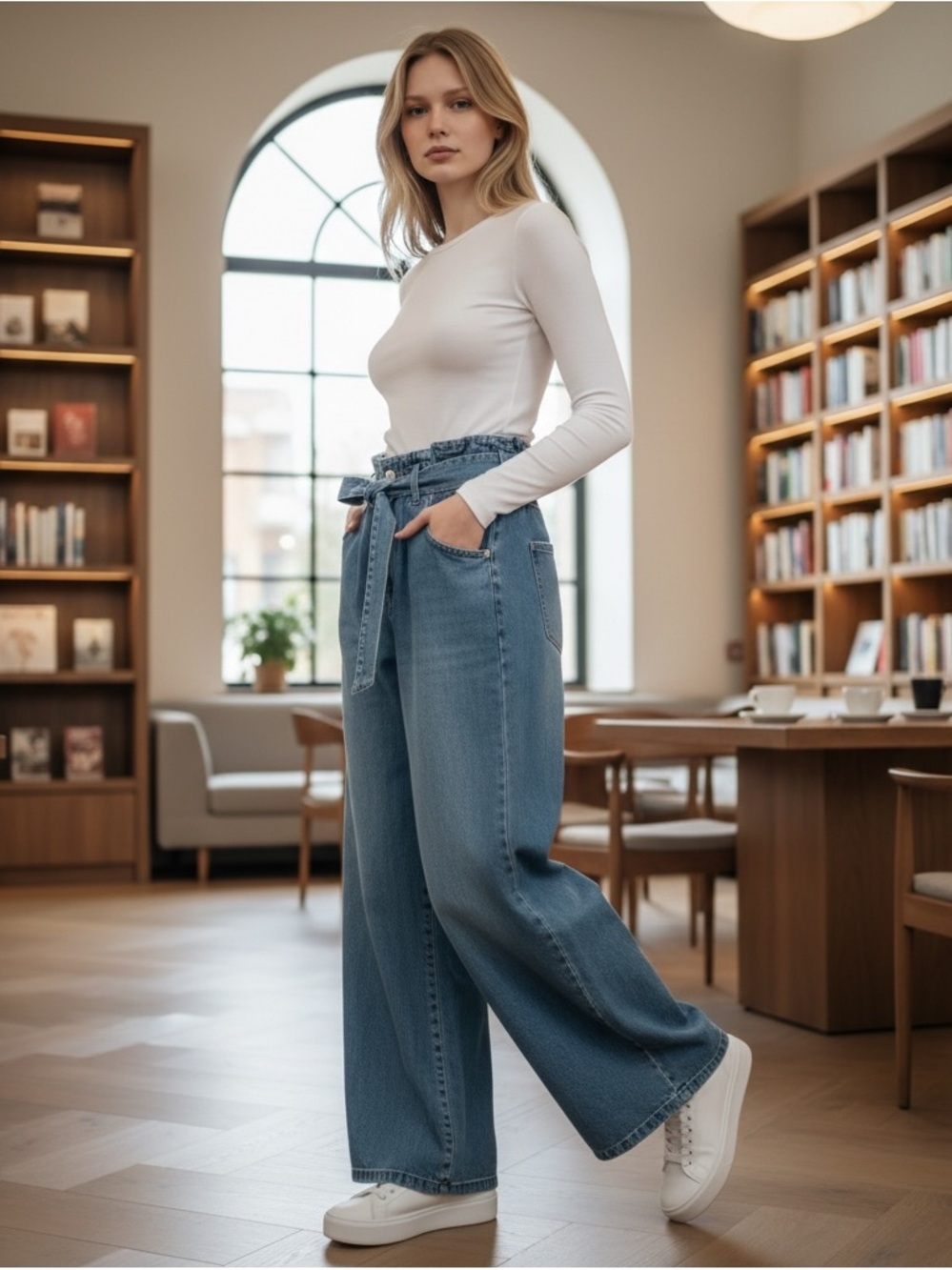 Zara Light Blue Paperbag-Waist Wide Leg Jeans with Tie Belt